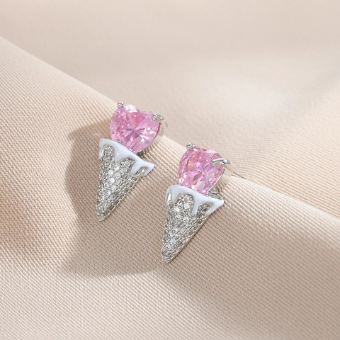 Cute Pink Heart Zirconia Ice Cream Cone Stud Earrings With 925 Sterling Silver Earring Post Copper Enamel Jewelry For Women