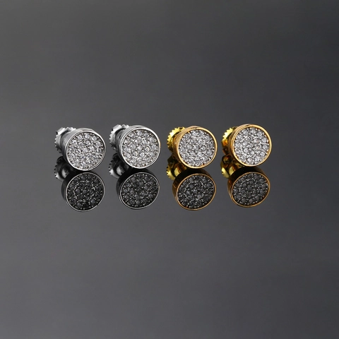 Hip Hop Round Copper Stud Earrings For Men Women Micro Pave Rhinestone Inlaid Screw Back Personalized Street Fashion Jewelry