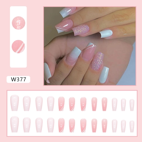 Coffin Press On Nails Rosa Weißer Verlauf Geometrische Linien Schimmer French Style Künstliche Fingernägel Für Frauen