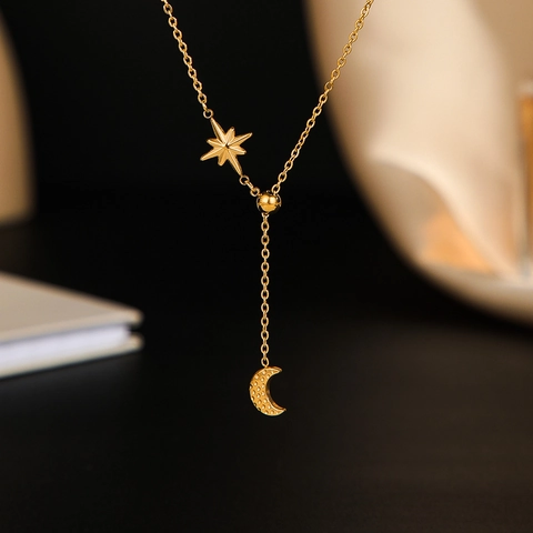Collana Con Pendente Stella E Luna Placcata Oro 14K Acciaio Inossidabile Con Strass Catena Lunga Gioielli Eleganti Per Donne