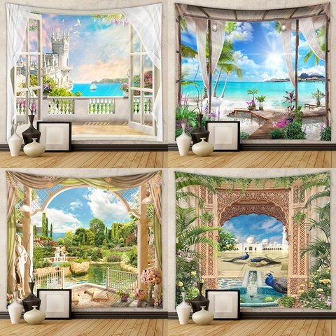 Arazzo Da Parete Paesaggio Poliestere Vista Finestra 3D Natura Sfondo Decorazione Camera Soggiorno Estetica