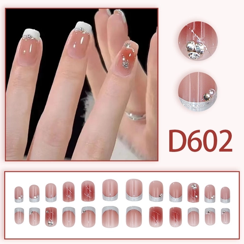 French Tip Press On Nails Gradient Pink Rhinestone Glitter Square Oval Wearable Manicure For Women Elegant Ins Style