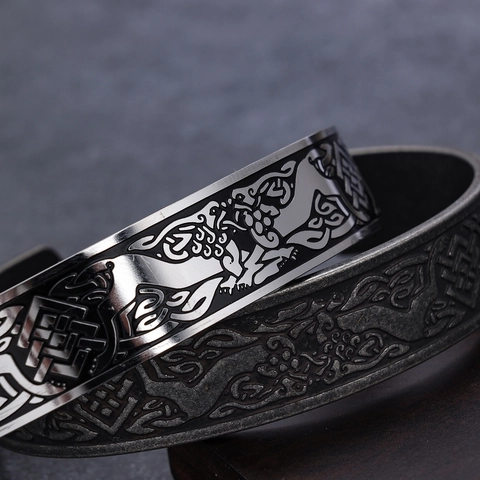 Vintage Double Dragon Head Open Cuff Bracelet Stainless Steel Viking Celtic Knot Totem Retro Bangle For Men Unisex