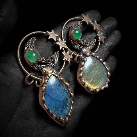 Handmade Vintage Wire Wrapped Labradorite Moon Star Pendant Necklace Natural Green Chalcedony Gothic Bohemian Jewelry For Women