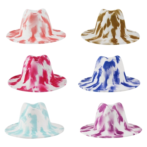 Fedora Hoed Brede Rand Tie-Dye Polyester Vilt Vintage Jazz Cap Voor Heren Dames Modieus