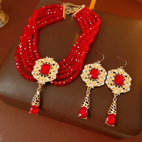 Vintage Schmuck Mehrreihige Glasperlenkette Und Hängeohrringe Legierung Strass Hohl Barockstil Für Damen