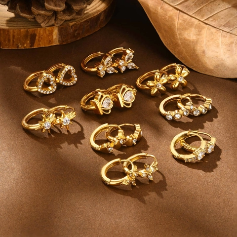Stainless Steel Gold Plated Hoop Earrings For Women Star Heart Butterfly Crown Flower Cross CZ Zircon Vintage Fashion Jewelry
