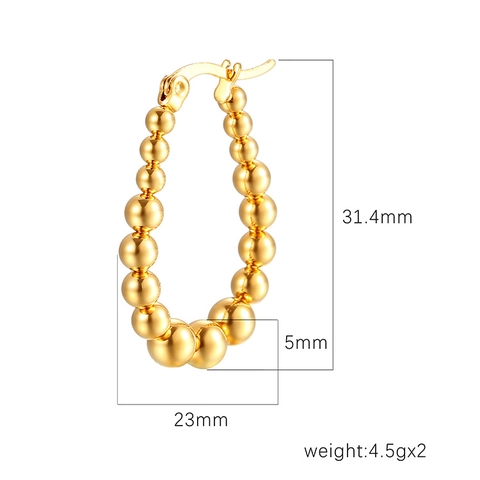 Fashion Beaded Hoop Earrings For Women 18K Gold Plated Stainless Steel Oval Graduated Ball Trendy Elegant Jewelry