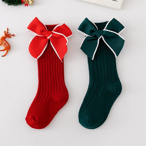 Calcetines De Navidad Para Niños Media Pantorrilla Algodón Nervado Gran Lazo Decoración Color Sólido Cálidos De Invierno