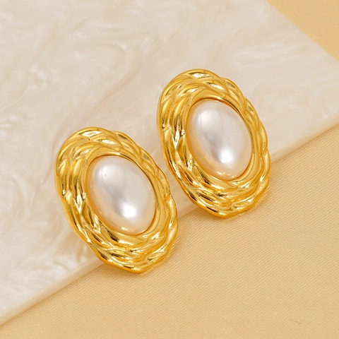 Orecchini A Lobo Con Künstliche Perle Artificiali Ovali Retro Francese Per Donna Eleganti In Acciaio Inossidabile Placcato Oro 18K