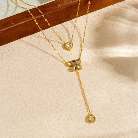 Layered Pendant Necklace Stainless Steel Gold Plated Heart Butterfly Water Drop Zirconia Rhinestone Jewelry