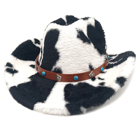 Cappello Da Cowboy Western Pelliccia Sintetica Fantasia Muccata Con Cintura Decorativa Turchese Vintage Unisex