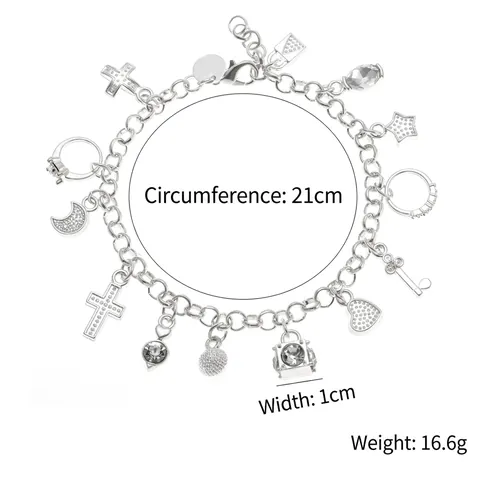 Bracciale Con Ciondoli In Lega Placcata Argento Pendenti Cuore Stella Croce Luna Chiave Gioielli Di Moda Per Donne