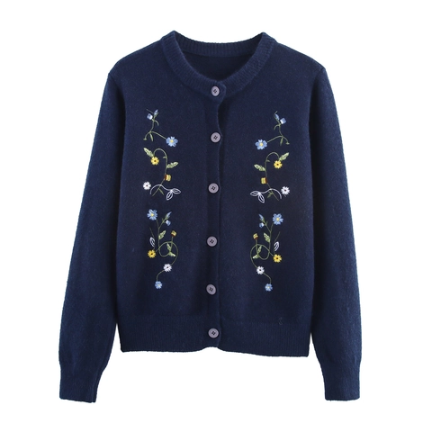 Cardigan En Maille Pour Femmes Broderie Florale Col Rond Manches Longues Boutonné Pull En Tricot Doux Élégant Décontracté