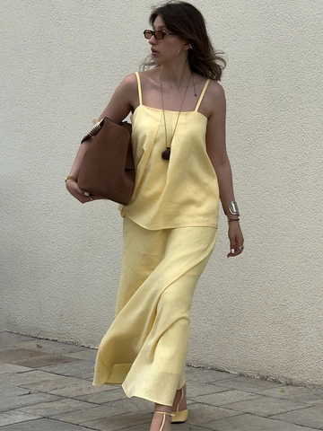 Women Spaghetti Strap Cami Top And Pleated Maxi Skirt Cotton Minimalist Summer Vacation Breathable Style