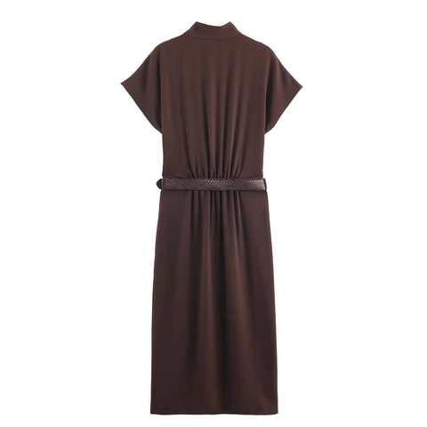 Vestido Largo Elegante Para Mujer Cuello Alto Botones Metálicos Manga Murciélago Color Sólido Con Cinturón Poliéster