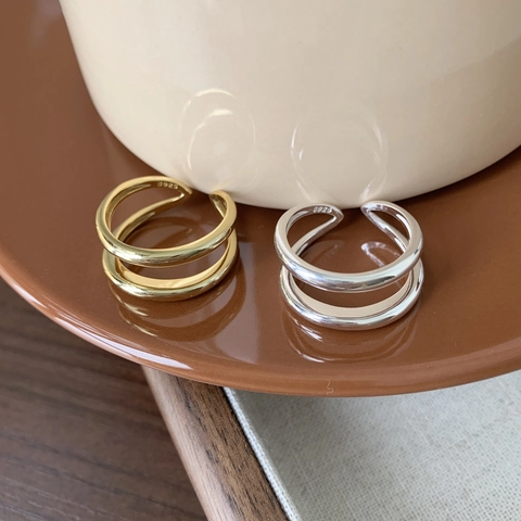 Minimalist 925 Sterling Silver Double Layer Ring Geometric Adjustable Open Band Chic Fashion Jewelry For Women