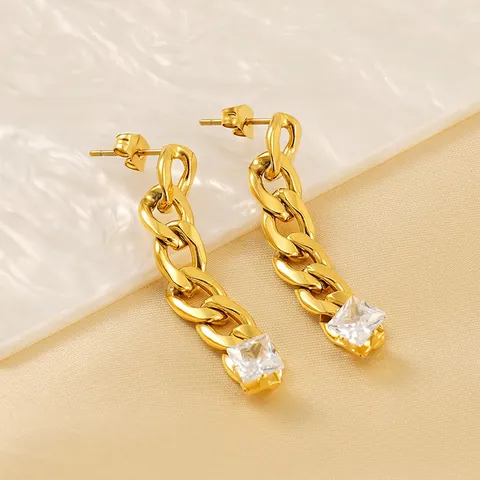 18K Gold Plated Stainless Steel Square Zircon Cuban Chain Link Long Drop Dangle Earrings Fashion Jewelry For Women