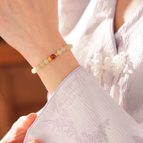 Pulsera De Cuentas Jade Hetian Ágata Cera De Abeja Amuleto Fu Dorado Estilo Nuevo Chino Joyería Para Mujeres Elegante