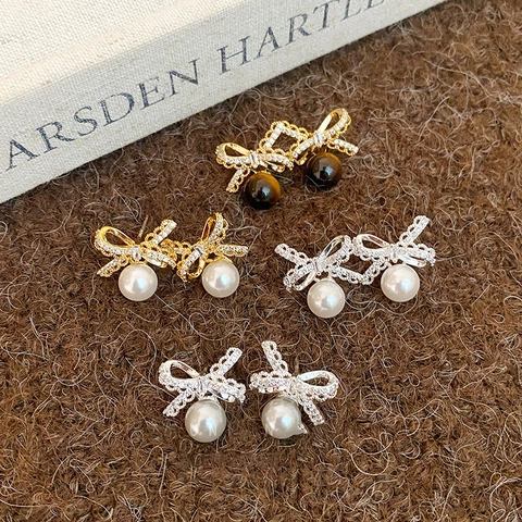 Orecchini Perno Fiocco Placcati Oro 18K Occhio Di Tigre Zircone Vintage Lusso Moda Gioielli Donna