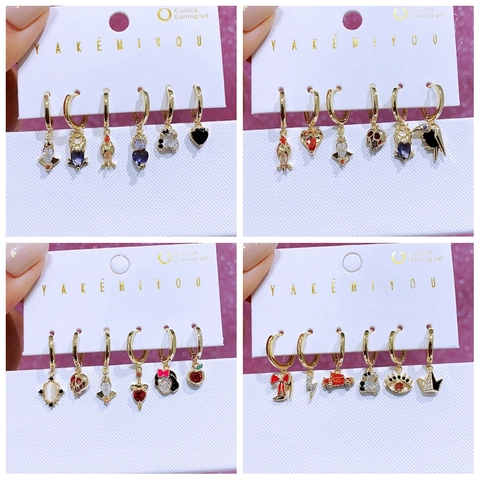 Copper Charm Hoop Earrings With Colorful Zircon Enamel And 925 Sterling Silver Earring Post Heart Skull Gothic Jewelry