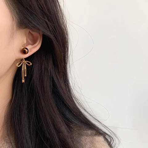 Orecchini Pendenti Con Fiocco E Perno In Argento Resina Vintage Perla Trama Occhio Di Tigre Gioielli Eleganti Donna
