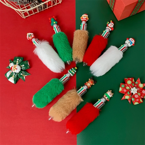 Christmas Multi Color Ballpoint Pen Plush Fuzzy Barrel 3D Cartoon Santa Reindeer Snowman Novelty Stationery Gift Kids