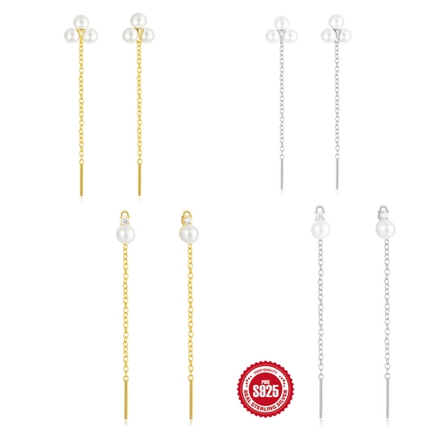 925 Sterling Silver Long Tassel Ear Line Earrings With Zirconia Artificial Pearl Minimalist Geometric Jewelry For Women
