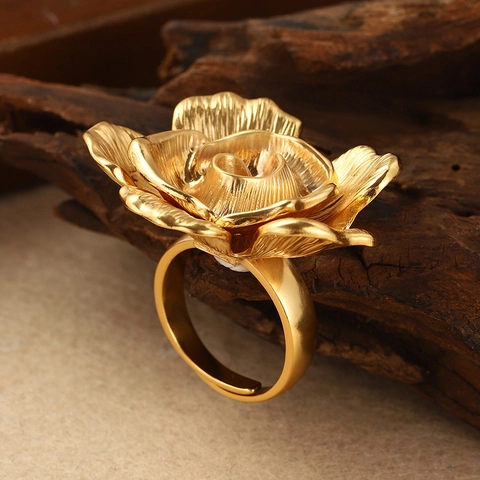Anillo Ajustable de Flor de Perla Artificial de Metal Tono Dorado Vintage para Mujer Elegante Anillo Abierto Floral Retro