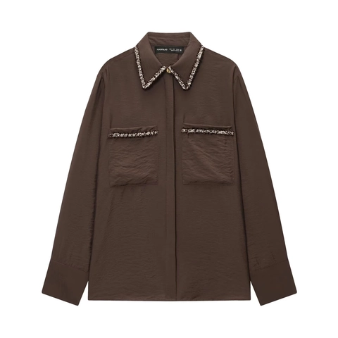 Women Satin Shirt Long Sleeve Coffee Brown Tweed Trim Pocket Blouse Elegant Casual Office Lady Top
