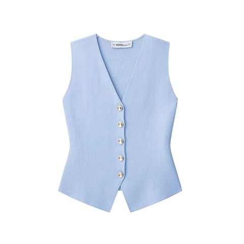 Damen Strickweste V-Ausschnitt Geknöpft Ärmellos Weste Slim Fit Lässiges Einfarbiges Pullover Oberteil Goldene Knöpfe