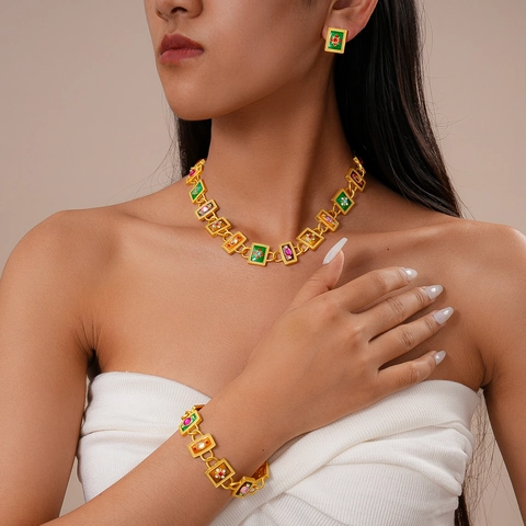 Gioielli Palazzo Vintage Smalto Colorato Strass Collana Bracciale Orecchini Rettangolari Geometrici Donna