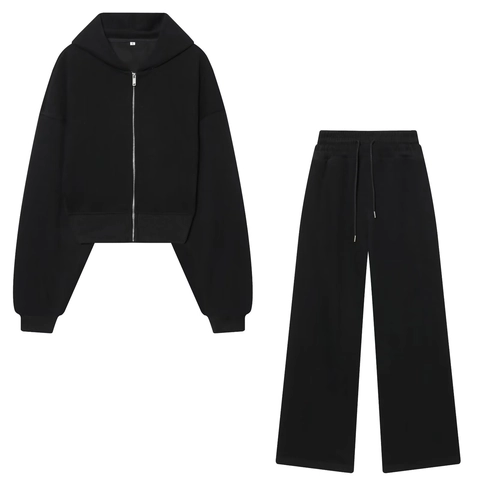 Women Tracksuit Short Zip Up Hoodie And Wide Leg Pants Polyester Knit Solid Color Casual Sports Streetwear