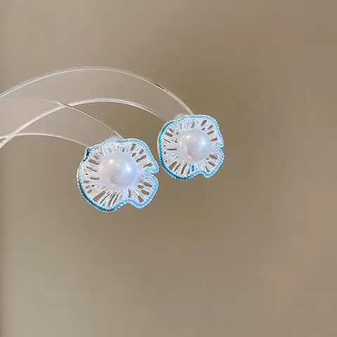 French Retro Hollow Flower Stud Earrings With Blue Enamel And Artificial Pearl With 925 Sterling Silver Earring Post For Women