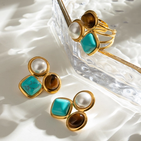 Anello Aperto in Acciaio Inossidabile Vintage per Donna Perla Artificiale Occhio di Tigre Turchese Pietra Geometrico Regolabile