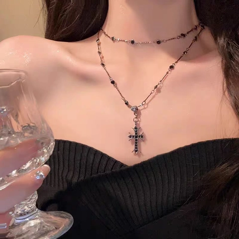 Double Layer Necklace With Black Beads And Cross Pendant Copper Alloy Gothic Dark Style Jewelry For Women