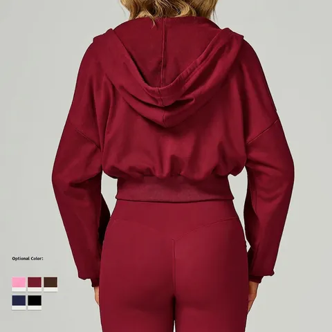 Women Cropped Zip Up Hoodie Cotton Polyester French Terry Long Sleeve Athletic Casual Drawstring Hooded Sweatshirt