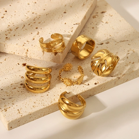 Adjustable Open Rings 304 Stainless Steel Gold Plated Waterproof Minimalist Geometric Flower Leaf Textured Women Jewelry