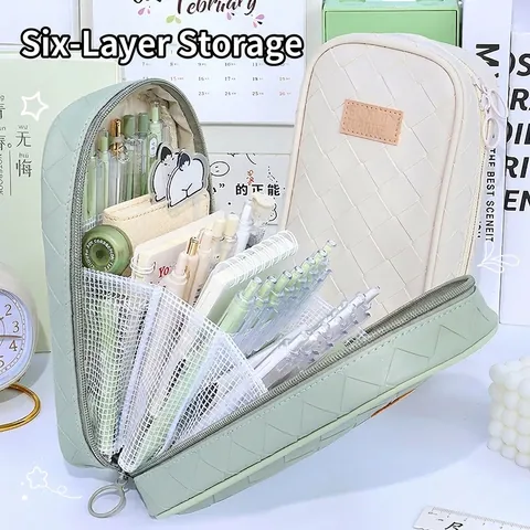 Large Capacity Pencil Case PU Leather Woven Aesthetic Multi Layer Stationery Bag Functional Desktop Organizer