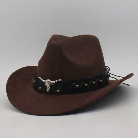 Western Cowboy Hat Polyester Felt Vintage Jazz Cap With Bull Head Metal Buckle Rivet Leather Band Retro Wide Brim