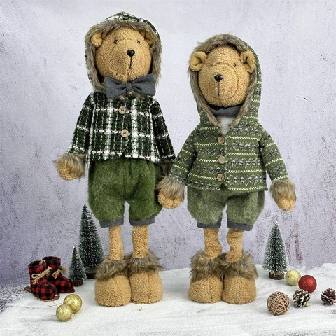Orsetto Di Peluche Natalizio Con Gambe Telescopiche Vestito In Maglia A Quadri Verdi Decorazione Per Finestra E Casa