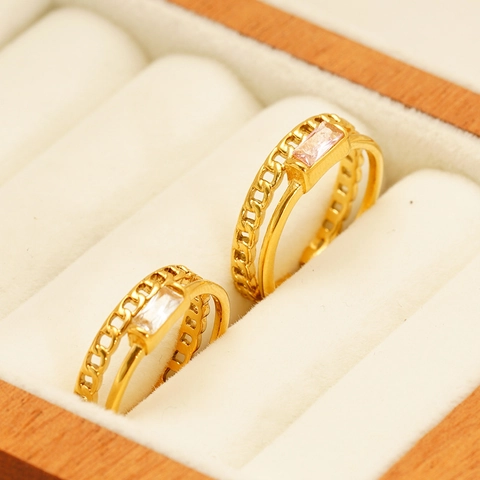 Doppelreihiger Hohlkettenring Edelstahl 18K Vergoldet Rechteckiger Zirkon Verstellbar Offen Vintage Modeschmuck