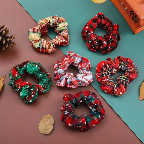 Christmas Hair Scrunchies Cloth Plaid Snowflake Reindeer Holiday Hair Ties For Women Girls Festive Hair Accessories