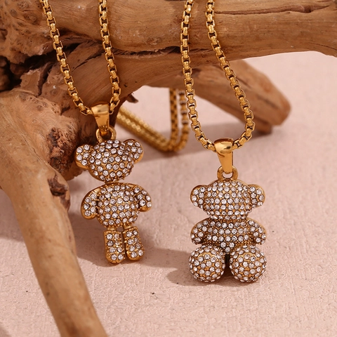 Collana Con Pendente A Orsetto In Acciaio Inossidabile Placcato Oro 18K Con Strass Gioielli Da Donna