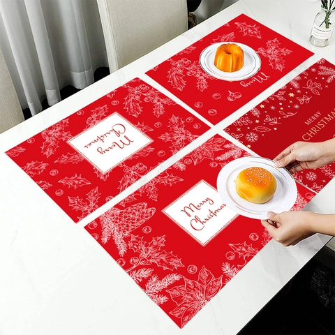 Christmas Placemats Faux Linen Polyester Heat Insulated Printed Dinner Table Decoration Festive Holiday Home Decor