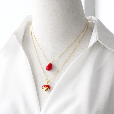 Roter Emaille Anhänger Halskette Kupfer Echtgold Vergoldet Herz Wassertropfen Form Mode Schmuck Für Damen