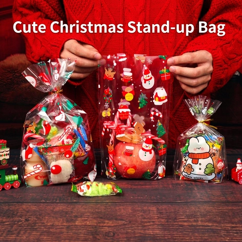 Sacs Cadeaux Plastique Givré Pochette Debout Avec Attaches Pour Bonbons Snack Noël Halloween Fête Motif Dessin Animé