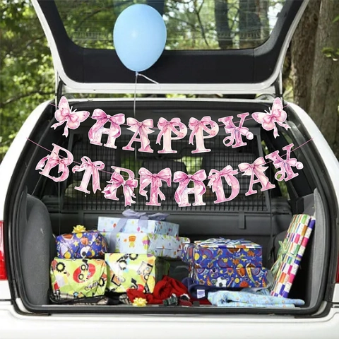 Banner Buon Compleanno E Decorazioni Spirale Tema Fiocco Rosa Carta Acquerello Per Festa Ragazze