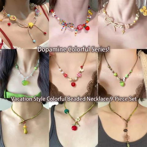 Colorful Beaded Necklace Acrylic Alloy Heart Star Fruit Pendants Y2K Dopamine Style Summer Vacation Sweet Clavicle Chain Women