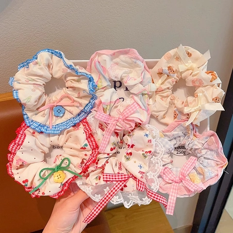 Scrunchies Fabric Hair Ties Sweet Bow Floral Gingham Patterns Lace Edge Decorative Buttons Elastic Hair Bands Girls Women